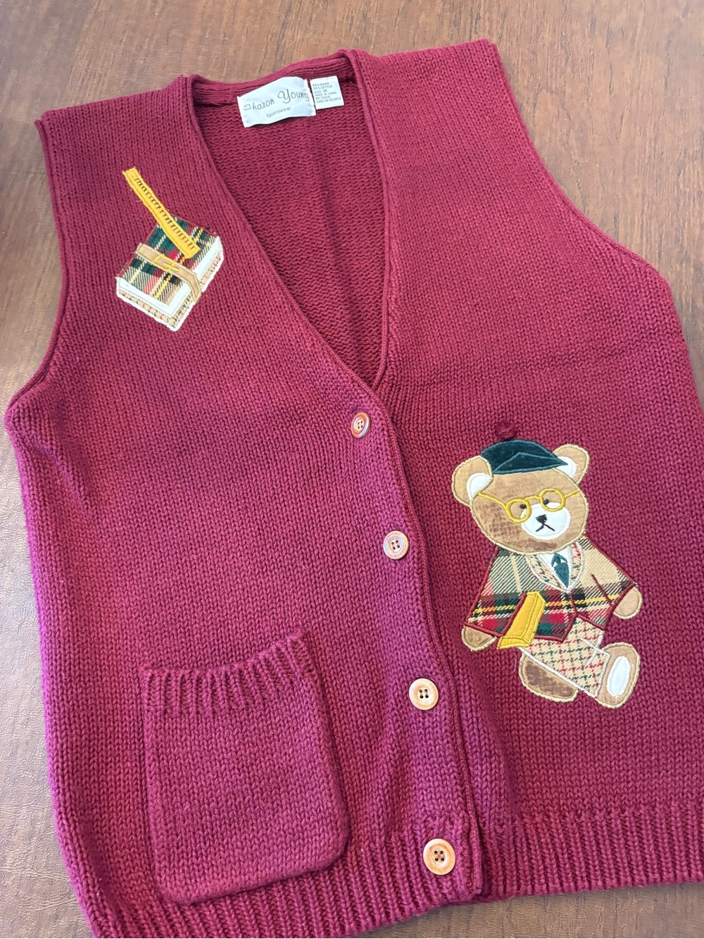 Sharon Young Maroon Teddy Plaid Appliqué Cotton Vest Size Med